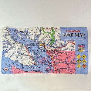 VTG Hand Printed Linen Dish Kitchen Tea Towel Canadian Road Map British Columbia